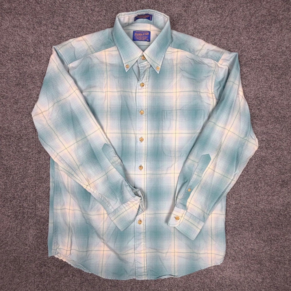 Sir Pendleton Mens Blue Plaid Worsted 100% Virgin Wool Button Down Shirt Size M
